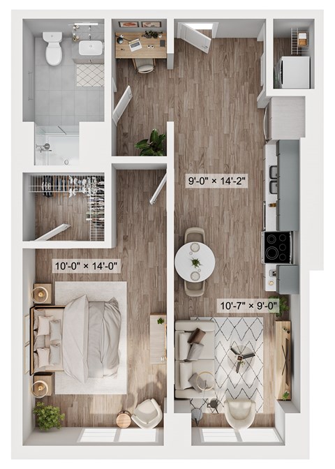 Floor plan for 1 bed, 1 bath, 708 sqft